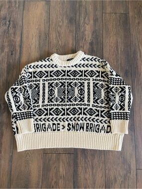 Zara Cream and Black Patterned Crewneck Sweater